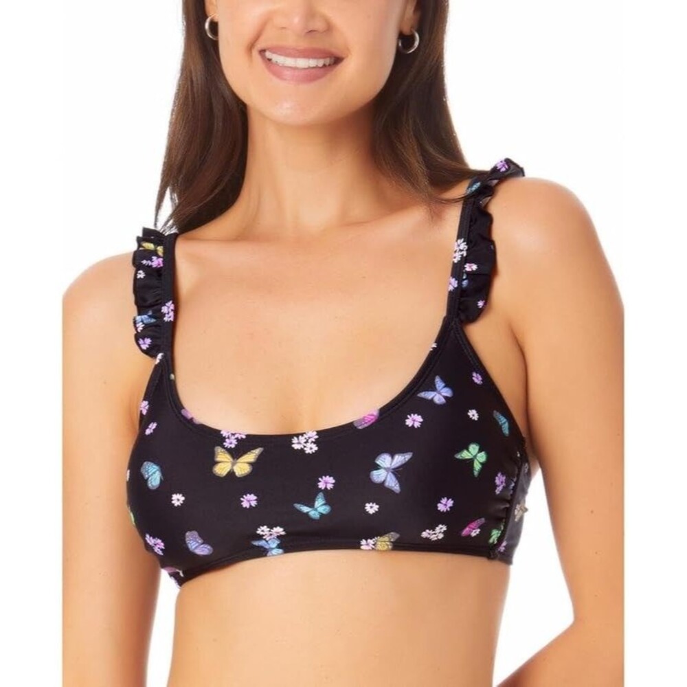 NWT California Waves Ruffle Bralette Bikini Top Juniors' M Black Print Back Hook